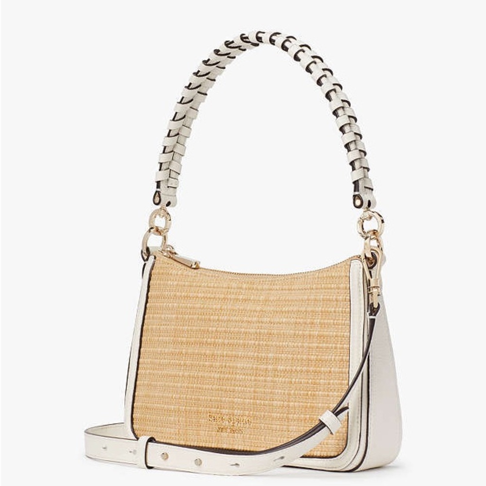 NWT Kate Spade Hudson Straw and Leather Tan and White Shoulder Bag